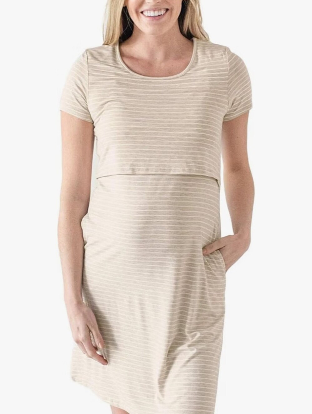Kindred Bravely Bamboo Eleanora Oatmeal Stripe Maternity/Nursing Midi Dress Med